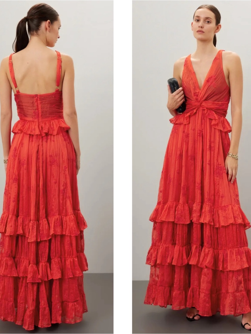 SABINA MUSAYEV Camellia Floral Tiered Ruffle Red Maxi Dress Size Small